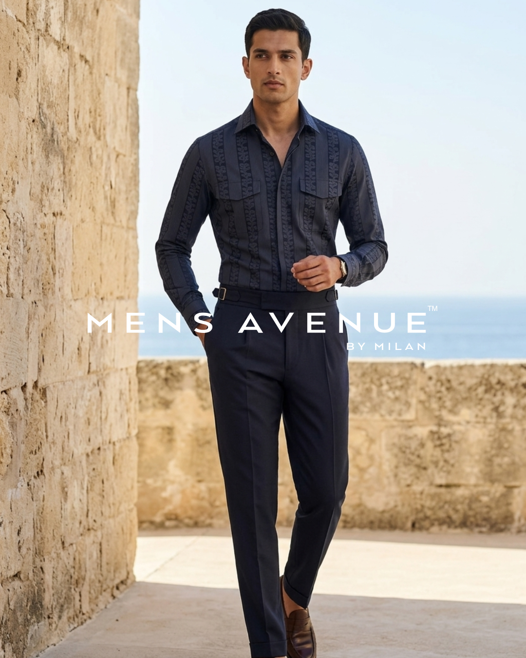 Navy Jacquard Cotton Shirt