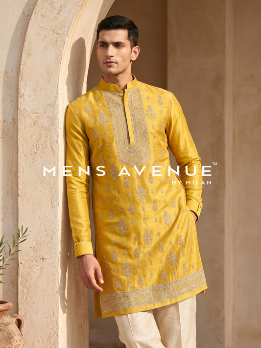Lemon Yellow Embroidered Kurta Set