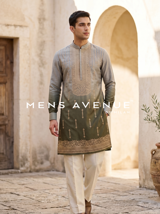 Ombre Grey to Green Embroidered Kurta Set