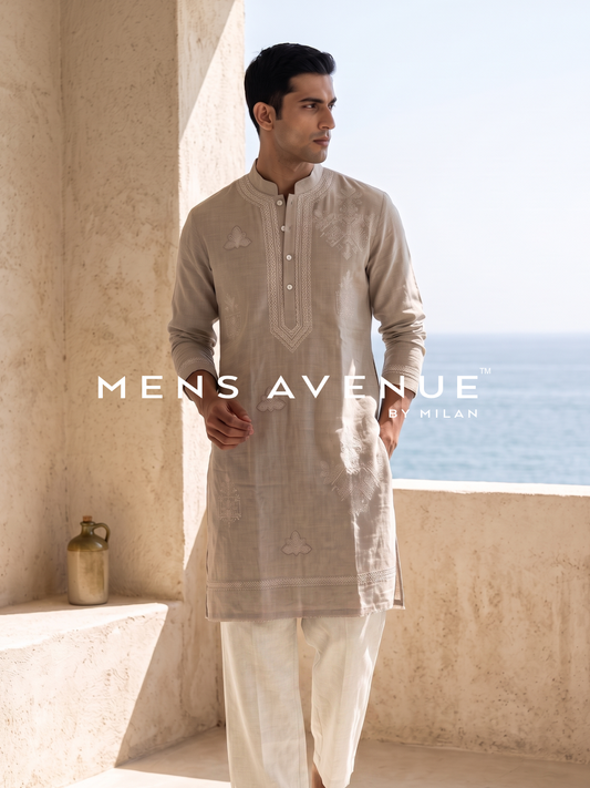 Natural Embroidered Linen Kurta Set