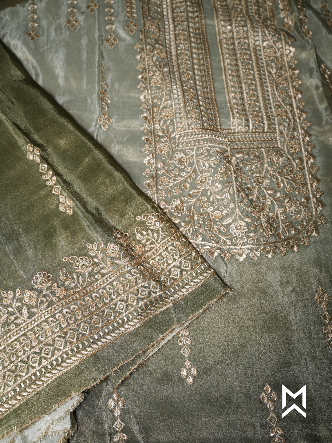 Ombre Grey to Green Embroidered Kurta Set