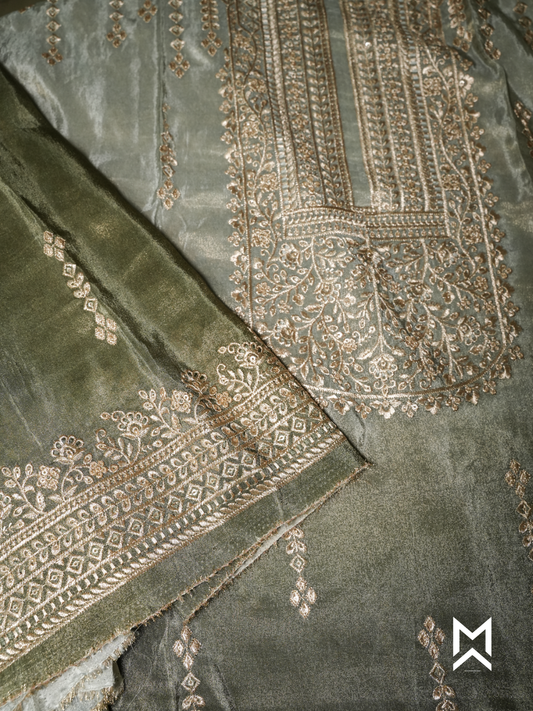 Ombre Grey to Green Embroidered Kurta Set