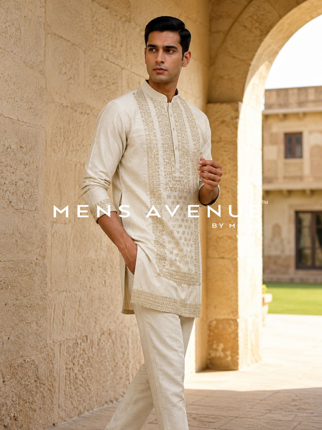 Pearl White Mirror Work Kurta Set