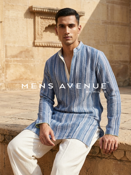 Blue Textured Stripe Kurta