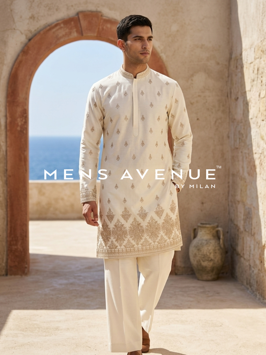 Ivory Cream Embroidered Kurta