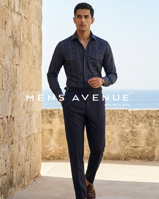 Navy Jacquard Cotton Shirt