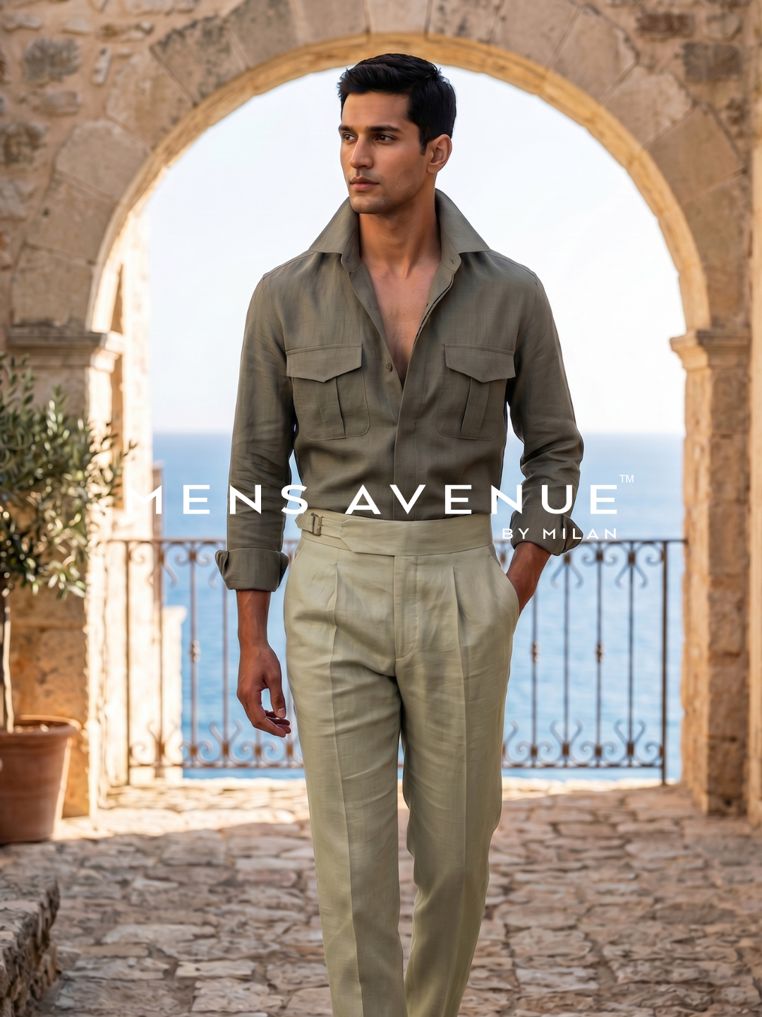 Khaki Solid Linen Trouser